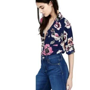 Express Womens The Portofino Shirt in Navy Floral Pockets Tab Sleeves S